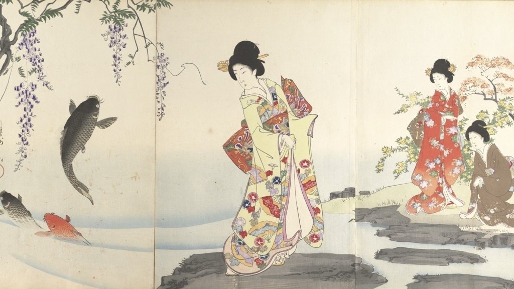 Prent van Toyohara Chikanobu, 1896. Karpers en wisteria.