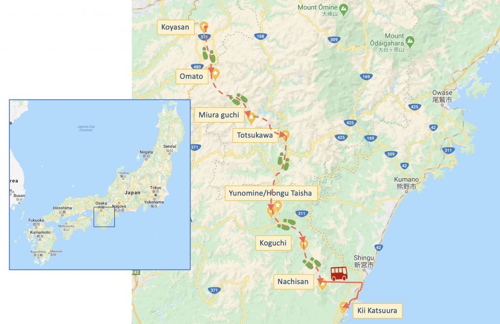 Routekaart Kumano Kodo Kohechi 11 dagen